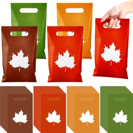 Epakh 48 Pieces Plastic Fall Gift Bags with Handle Autumn Treat Goodie Candy Bags with Maple Leaves Pattern for Fall Autumn Thanksgiving Party Favors Supplies Decoration
