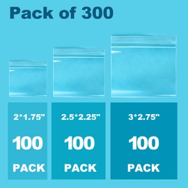 300 Pack Small Pill Bags, 6 mil Sturdy - 3 Assorted Sizes: 2x1.85'', 2.5x2.25'', 3x2.75'' Clear Zip Bags, Reusable Pill Pouch Bags for Travel, Storage, Jewelry & Craft Pieces