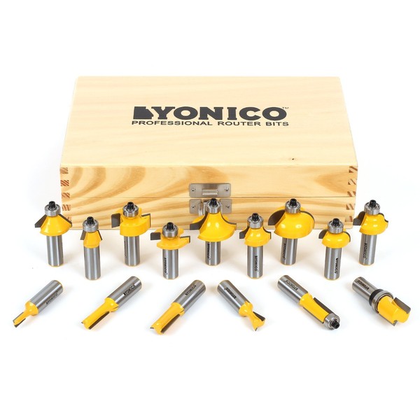YONICO Router Bits Set 15 Bit 1/2-Inch Shank 17150 Professional Carbide Tipped Roundover, Cove, Chamfer, Bevel, Dovetail, Straight, Flush Trim, Slotting, Roman Ogee fresas de Router para Madera