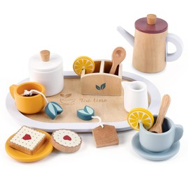 KizKnows Wooden Kitchen Toy Tea Set for Toddlers Pretend Play Kitchen Accessories Kiz Afternoon Tea Party Set Wooden Play Food Set Gift for Girls Boys 3 Years and up