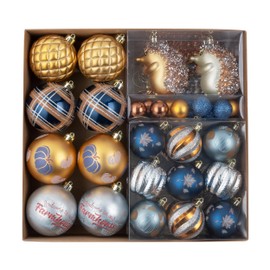 DecorbyHannah Woodland Christmas Ornaments Set, 60ct Blue Gold Silver Christmas Thanksgiving Ornaments for Xmas Tree, Assorted Shatterproof Decorative Hanging Plastic Ball Bulk for Xmas Home Decor