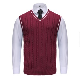 Men’s Cable Knit Sweater Vest V Neck Sleeveless Pullover Classic Fit Business Casual Retro Knitwear for Fall Winter Layering Burgundy