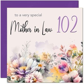 102nd Mother in Law Birthday Card - Purple Floral Birthday Card for 102 Year old
