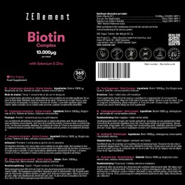 Biotin with Zinc & Selenium, High Dose with 10,000 mcg Biotin | for Hair Growth, Skin & Nails | 365 Vegan Tablets for 1 Year | Dietary Supplement without Additives | Zenement