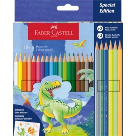 Faber-Castell 111222 - Cardboard Case with 24 Colouring Pencils - 18 Classic Colours + 3 Neon + 3 Metal Pens - Dinosaur Edition