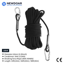 NewDoar Climbing Rope 8(5/16in),10mm (3/8in), High Strength Accessory Cord Rope with 2 Steel Hooks, for Outdoor Rescue Rappelling Rope Down Cliffs ledges Safety Escape Tow Strap Equipment(Black)