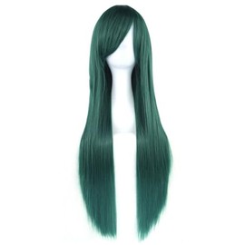 Yoanshop 80cm Long Straight Natural Hair Cosplay Wig with Bangs Halloween Costume Party Wigs for Women (Dark Green)