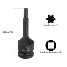 sourcing map T40 Torx Bit Socket 1/2" Drive 6 Point Torx Star Screwdriver Socket Adapter CR-MO Steel Lengthen Impact Bit Sockets for Electric Ratchet Wrenches Fastening Screws