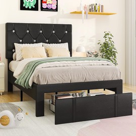 VECELO Twin Size Bed Frame with Storage Drawers, Leather Upholstered Bedframe with Diamond Tufted Headboard, Solid Wood Slat Support, No Box Spring Needed, PU Black
