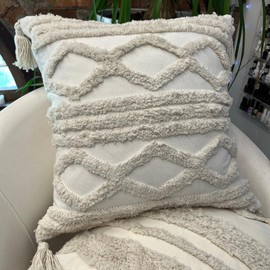 Decorative Pillow Covers Pack of 2-18x18 Inch White Boucle, Boho Accent Throw Pillows with Tassels for Couch, Bed, Living Room Textured Home Decor