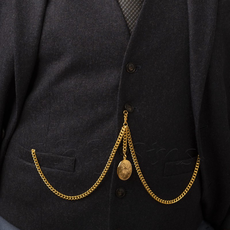 Gold Colour Double Albert Pocket Watch Chain With Locket Pendant