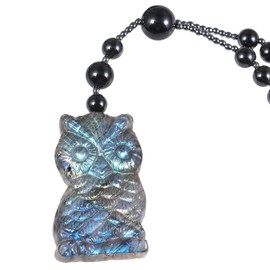 KYEYGWO Natural Labradorite Owl Necklace with Long Beads Chain, Carved Crystal Stone Amulet Pendant Jewellery for Men Women