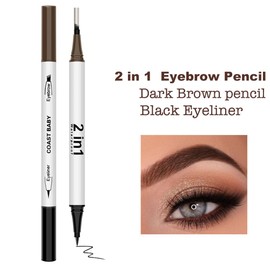Double heads Eyebrow Tattoo Pencil,2 in 1 Eyeliner Pencil, with Eyebrow knife,Eyebrow brush Long Lasting Waterproof and Smudgeproof Natural Looking Brows 2pcs (Dark Brown/Black)