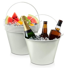 PLEXON Ice Bucket for Parties Coctail Bar Restaurant - Drink Beer Champagne Metal Pail Bucket with Handle, Beverage Chiller for Valentines Day, Galvanized Steel, Set of 6
