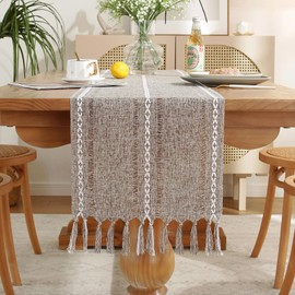 Laolitou Rustic Table Runner with Tassels, Cotton Linen Table Decoration for Holiday Party, Farmhouse Table Runners, Wedding and Dining Decorations, 48 Inches, Light Coffee