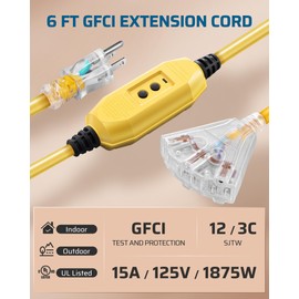 DEWENWILS 6FT Automatic GFCI Extension Cord Outdoor, Heavy Duty 12/3 SJTW Cord with LED Lighted Plug for Leaf Blower, Lawnmower, Weed Whacker, 15A 125V, Yellow, UL Listed