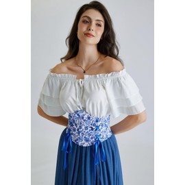 SCARLET DARKNESS Women Pirate Belt Lace-up Corset Belt Wide Cottagecore Corset Belt for Dresses Blue Floral 12