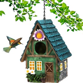 WUWEOT Garden Bird House, Colorful Hanging Wooden Bird Nest, Decorative Cute Resin Birdhouses for Outside Indoors Garden Backyard Decor, Gift for Bird Lovers