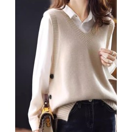 HangNiFang Womens Sweater Vest Sleeveless V Neck Trendy Side Button Down Knit Vest Outfits(1299-Beige-M)
