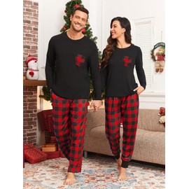 YOPUGEE Adult Christmas Plaid Pajama Set Soft Modal Couple Pj Sets Long Sleeve Sleepwear for Family Black & Red Plaid M