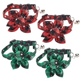 WEBEEDY Christmas Cat Collars Breakaway with Flower and Bell, Adjustable Kitten Collar Classic Plaid Pattern Holiday Collar for Cat, 18-28cm/7.87-11", 4 Pieces