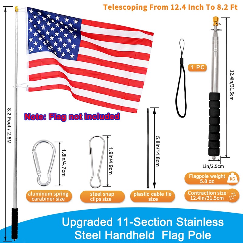 Portable Handheld Flag Pole with Clips Zip Ties,8.2Ft/2.5M Telescopic Handheld