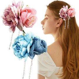 2PCS Artificial Flower Hair Clips,Peony & Rose Hair Accessories Hawaiian Twin Flowers Side Bridal Hair Bohemian headpiece for Wedding Vacation Beach Party(Blue,Pink)
