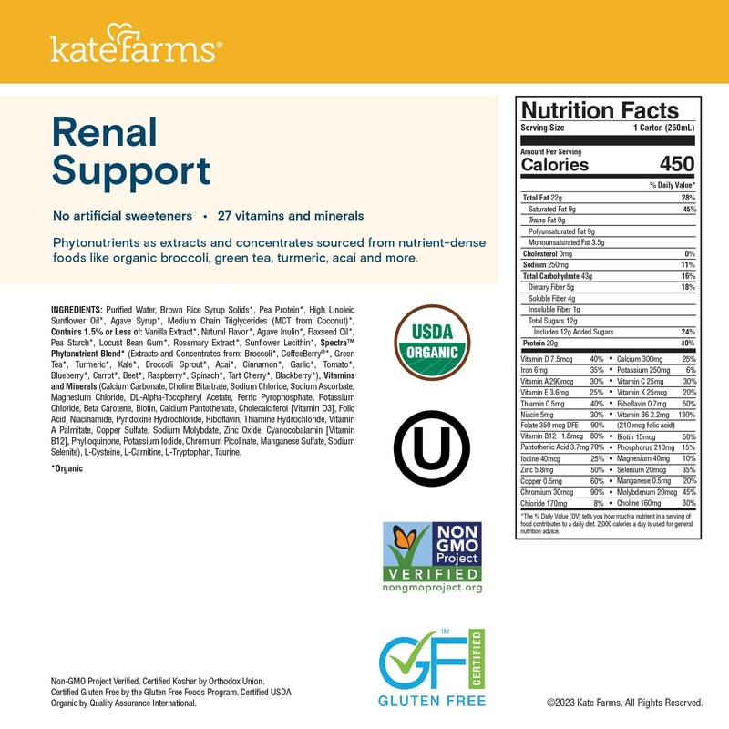 KATE FARMS Organic 1.8 Renal Support Shake, Vanilla, 20g Protein,