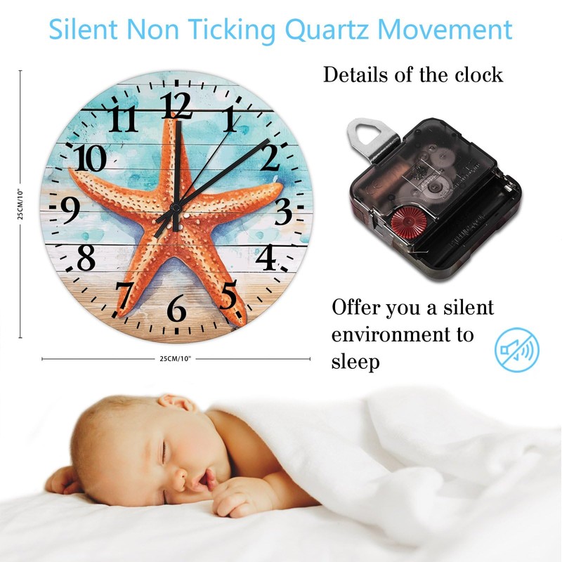 Minimalist Wood Clock Analog Round Non-Ticking Nautical Beach Ocean Theme