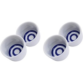 j-pure hitomi Japanese Mino Ware Ceramic Sake Cups set, Blue Circles on Bottom Choko 2-Shaku 1.18 Fluid Onces Set of 4
