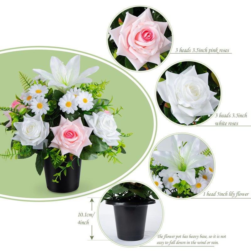 Artificial Grave Flowers in Pots, Artificial Rose Lily Daisy Memorial