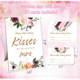 Zhminz Guess How Many Kisses Bridal Shower Game, 5X8 Burgundy Floral Style Sign & 50 Cards, Wedding Decor, Wedding Shower Games for Bridal Shower, Engagement Party, Bachelorette Party Night, 2