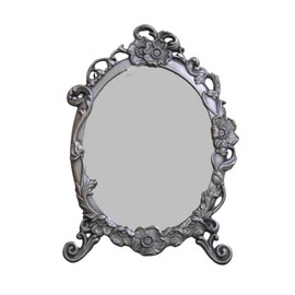 SEHAMANO Vintage Oval Tabletop Dressing Mirror with Stand – Retro Metal Vanity Makeup Mirror with Embossed Flowers for Home, Bedroom, Dresser, and Bathroom Décor, Tin (Matt Gray)
