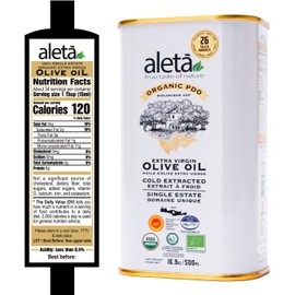 Aleta Farms Olive Oil Extra Virgin, USDA Organic, Single Estate PDO Polyphenol Rich Olive Oil, Cold Pressed, Global Gold Awards, EVOO, Kosher. 16.9 Fl Oz (Pack of 1)