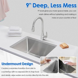 ROVOGO 24x18x9 in. Undermount Kitchen Sink 304 Stainless Steel, Single Bowl Under Mounted with Drain Assembly, Rectangular Tight Radius Sink Anti-Noise, Brushed