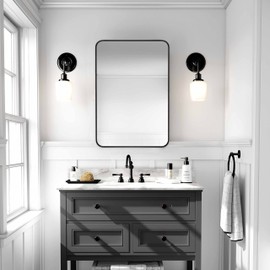 Minuover Wall Mount Mirror for Bathroom, Brush Black Metal Framed Rounded Corner Rectangular Vanity Mirror (20" x 30", Black)