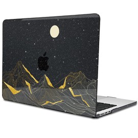 LCMOCICO for M4 MacBook Air 13.6 inch Case 2025 2024 2023 2022 Release A3240 A3113 M3 A2681 M2 Liquid Retina Display & Touch ID, Glitter Crystal Black Plastic Hard Shell Cover, Gold Mountain & Moon