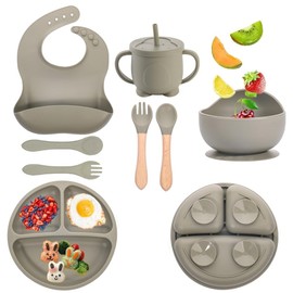 8PCS Vajillas Platos para Niños Silicona con Ventosas, Set Alimentacion Complementaria Niños Sin BPA Incluir Babero, Plato, Tazon y Cubiertosg Regalos