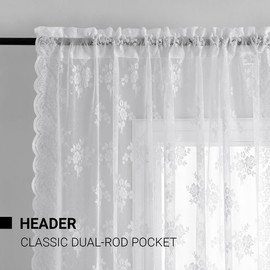 Kotile White Lace Curtains 45 Inch Length 2 Panels Country Rustic Floral Knitted Short Lace Curtains for Kitchen Window, Rod Pocket Privacy Sheer Cafe Curtain, 52 x 45 Inch, White