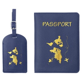 PATIKIL Passport Cover Holder and Luggage Tag Set PU Leather Passport Case Holder Travel Tag Suitcase Identifier Travel Accessories for Men Women Dark Blue