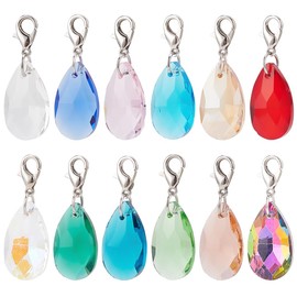 DELORIGIN 12pcs Faceted Teardrop Pet Collar Charms, Glass Pendant Decorations for Pets Colorful Clip-on Charms Jewelry Charms for Cat Dog Rabbit Necklace DIY Keyring Pendants Bag Decor