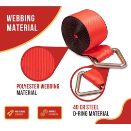 Mytee Products 4 Pack Winch Straps 4" x 30' Red Heavy Duty Tie Down w/Delta Ring WLL# 5400 lbs | 4 Inch Cargo Control for Flatbed Truck Utility Trailer