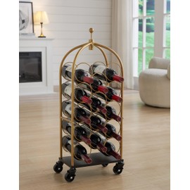 Kings Brand Furniture - Luggage Cart Wine Rack, Freestanding Floor Metal Wine Rack, Wine Bottle Holders Stands (Gold/Black)