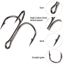 Leliafleury 40Pcs Fishing Treble Hooks Carbon Steel Fishing Hook Triple Anchor Hook for Saltwater Freshwater (6#)