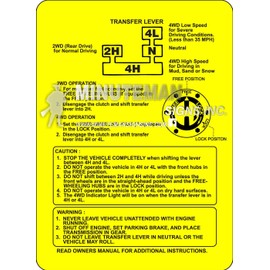 Minuteman Signs | Suzuki Samurai 4WD Instruction Card (Lifetime) Transfer Case Shifter Instructions Outdoor Grade Polyethylene(Yellow)