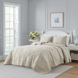 Light Beige Damask Quilt King Size Bedding Sets with 2 Pillow Shams, Boho Bedspread Lightweight Soft Farmhouse Vintage Bohemian Coverlet Retro Jacquard Pattern Bed Cover for All Season, 3 Pieces