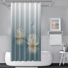 SDOTPMT Lotus Flower Shower Curtain, Cute Dragonfly, Zen Spa Bath Curtain, Elegant Flowers, Spiritual Meditation for Female Bathtub Curtain, Waterproof for Bathroom, Bath Curtain with Hooks, 122 x 183