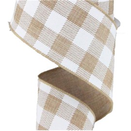 Plaid Check Wired Edge Ribbon - 10 Yards (Light Tan, White, 2.5")