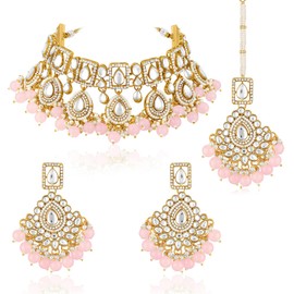 Aheli Kundan Cubic Zirconia & Pink Beads Studded Necklace Dangle Earrings Maangtikka Ethnic Jewellery Set for Women