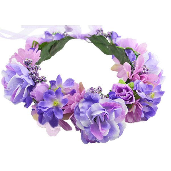 Rose Flower Crown Boho Flower Headband Hair Wreath Floral Headpiece Halo with Ribbon Wedding Party Festival Photos Purple by Vivivalue
